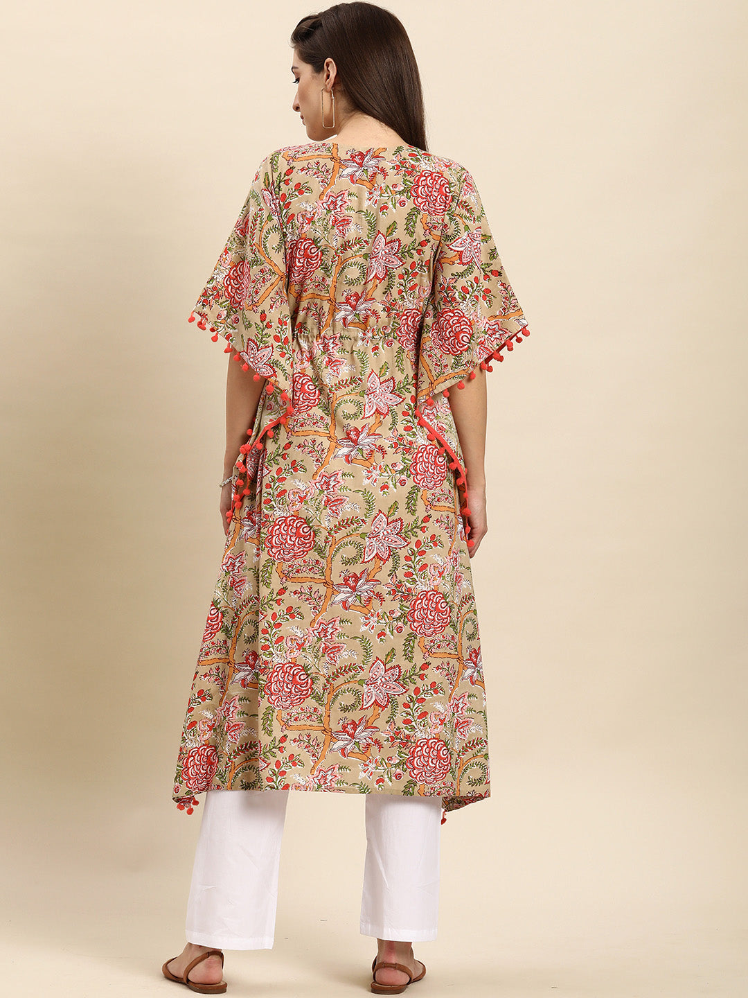 Janasya Women's Beige Cotton Floral Printed Casual Kaftan kurta - Distacart