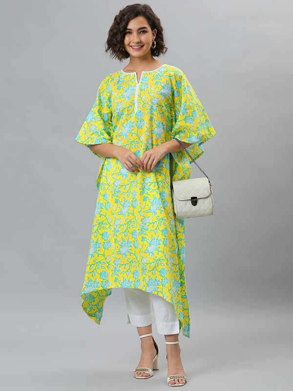 Janasya Women's Yellow Cotton Floral Print Casual Kaftan Kurta - Distacart