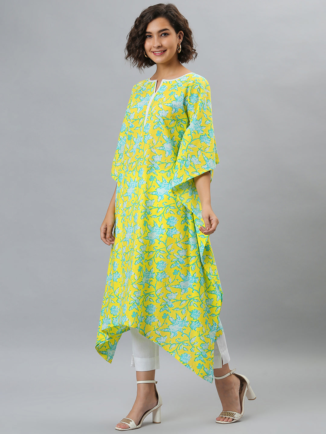 Janasya Women's Yellow Cotton Floral Print Casual Kaftan Kurta - Distacart