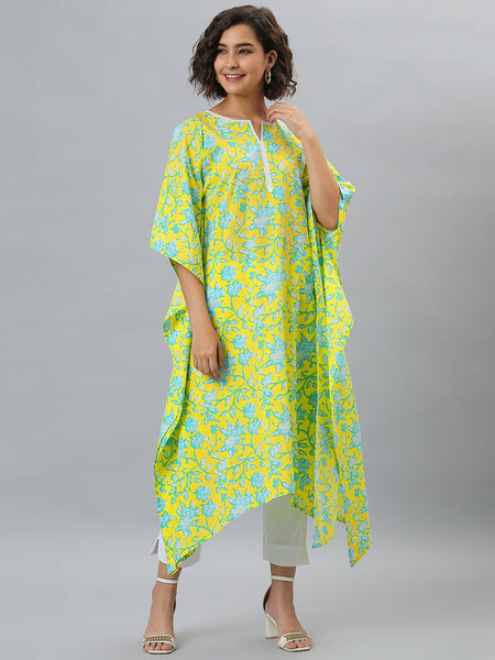 Janasya Women's Yellow Cotton Floral Print Casual Kaftan Kurta - Distacart