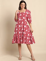 Thumbnail for Janasya Women's Red Cotton Floral Printed A-line Western Dress - Distacart
