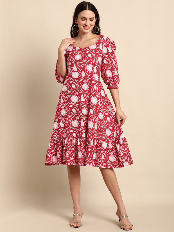Janasya Women's Red Cotton Floral Printed A-line Western Dress - Distacart