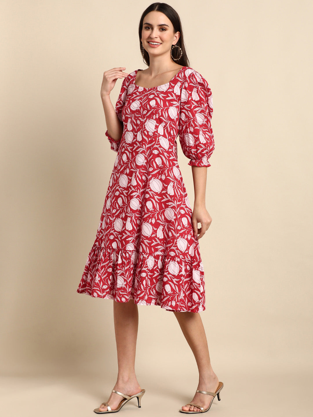 Janasya Women's Red Cotton Floral Printed A-line Western Dress - Distacart