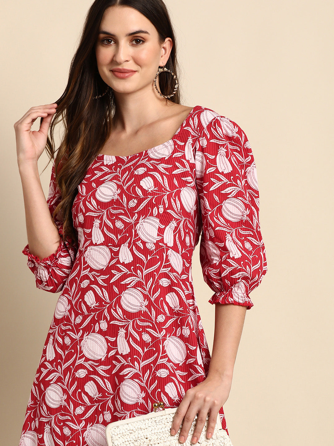 Janasya Women's Red Cotton Floral Printed A-line Western Dress - Distacart
