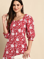 Thumbnail for Janasya Women's Red Cotton Floral Printed A-line Western Dress - Distacart