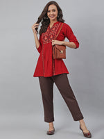 Thumbnail for Janasya Women's Maroon Rayon Slub Embroidered A-Line Tunic - Distacart