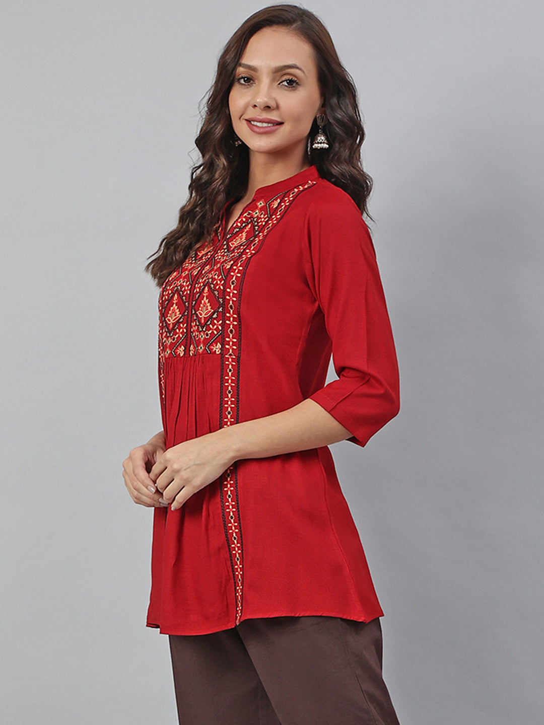 Janasya Women's Maroon Rayon Slub Embroidered A-Line Tunic - Distacart
