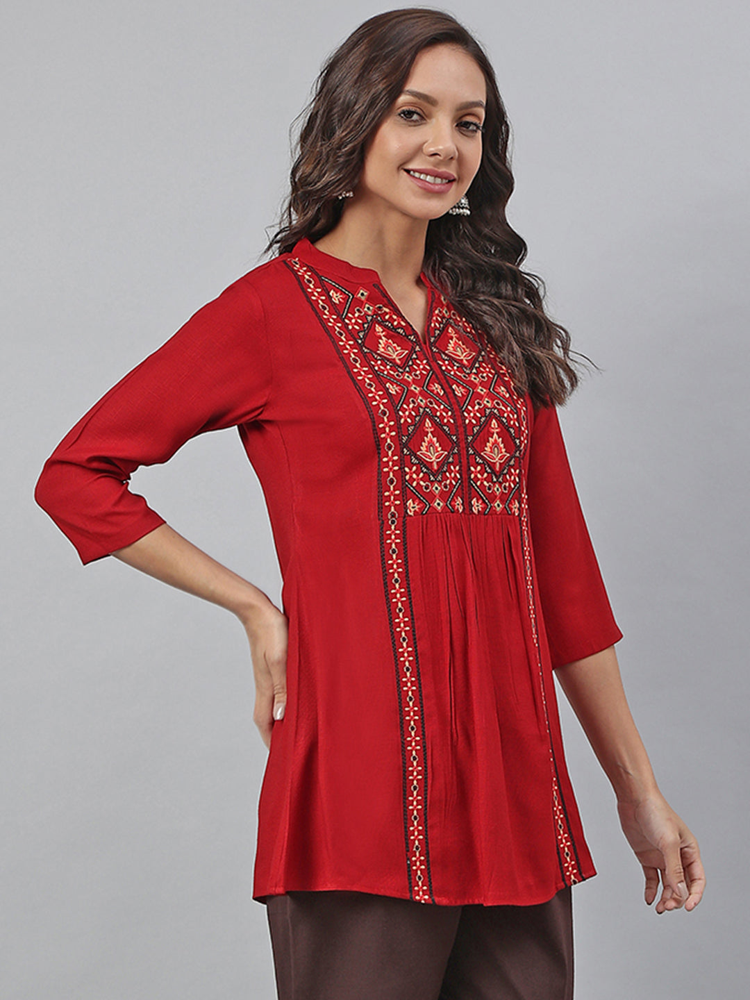 Janasya Women's Maroon Rayon Slub Embroidered A-Line Tunic - Distacart