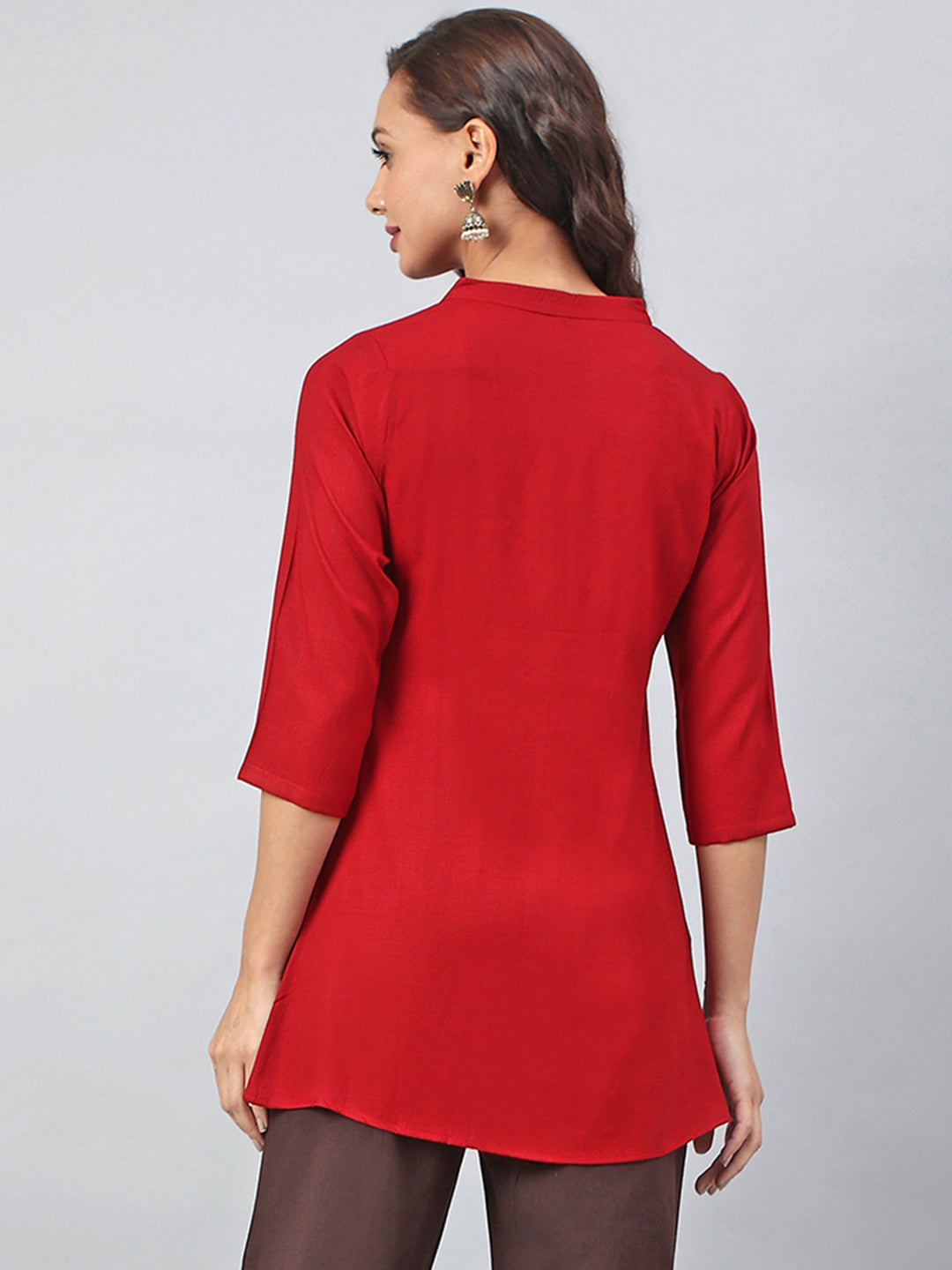 Janasya Women's Maroon Rayon Slub Embroidered A-Line Tunic - Distacart