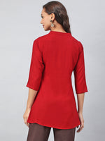 Thumbnail for Janasya Women's Maroon Rayon Slub Embroidered A-Line Tunic - Distacart