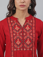 Thumbnail for Janasya Women's Maroon Rayon Slub Embroidered A-Line Tunic - Distacart