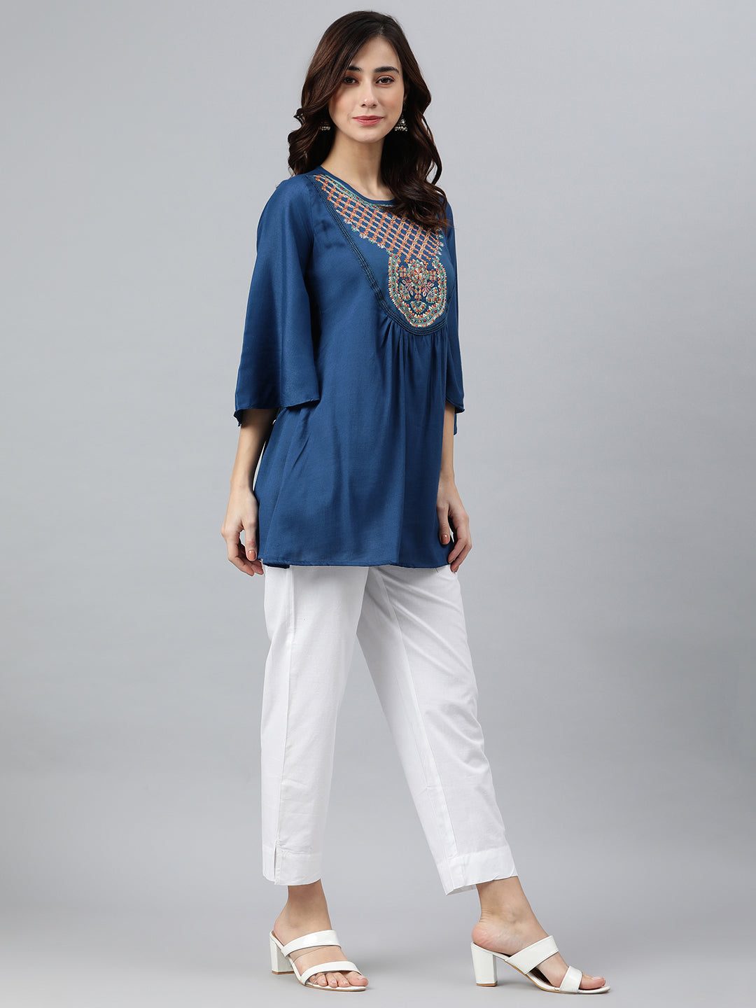 Janasya Women's Blue Rayon Slub Embroidered Regular Tunic - Distacart