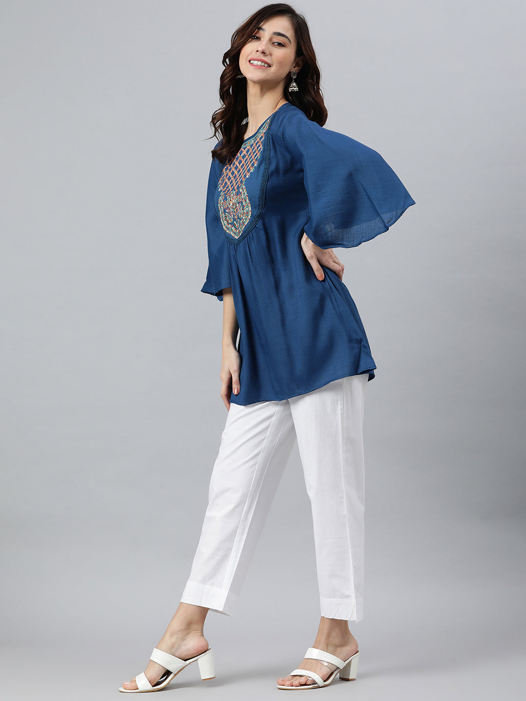 Janasya Women's Blue Rayon Slub Embroidered Regular Tunic - Distacart