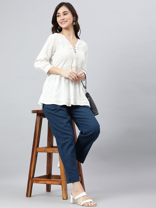 Janasya Women's White Rayon Solid Flared Top - Distacart