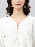 Thumbnail for Janasya Women's White Rayon Solid Flared Top - Distacart