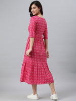 Thumbnail for Janasya Women's Pink Cotton Woven Design Tiered Western Dress - Distacart