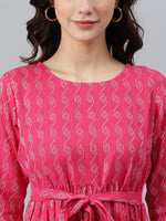 Thumbnail for Janasya Women's Pink Cotton Woven Design Tiered Western Dress - Distacart