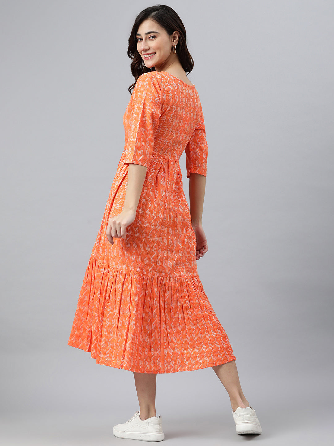 Janasya Women's Orange Cotton Woven Design Tiered Western Dress - Distacart