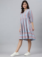Thumbnail for Janasya Women's Sky Blue Cotton Blend Striped Flared Western Dress - Distacart