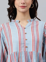 Thumbnail for Janasya Women's Sky Blue Cotton Blend Striped Flared Western Dress - Distacart