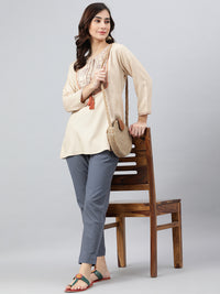Thumbnail for Janasya Women's Beige Rayon Slub Embroidered A-Line Top - Distacart