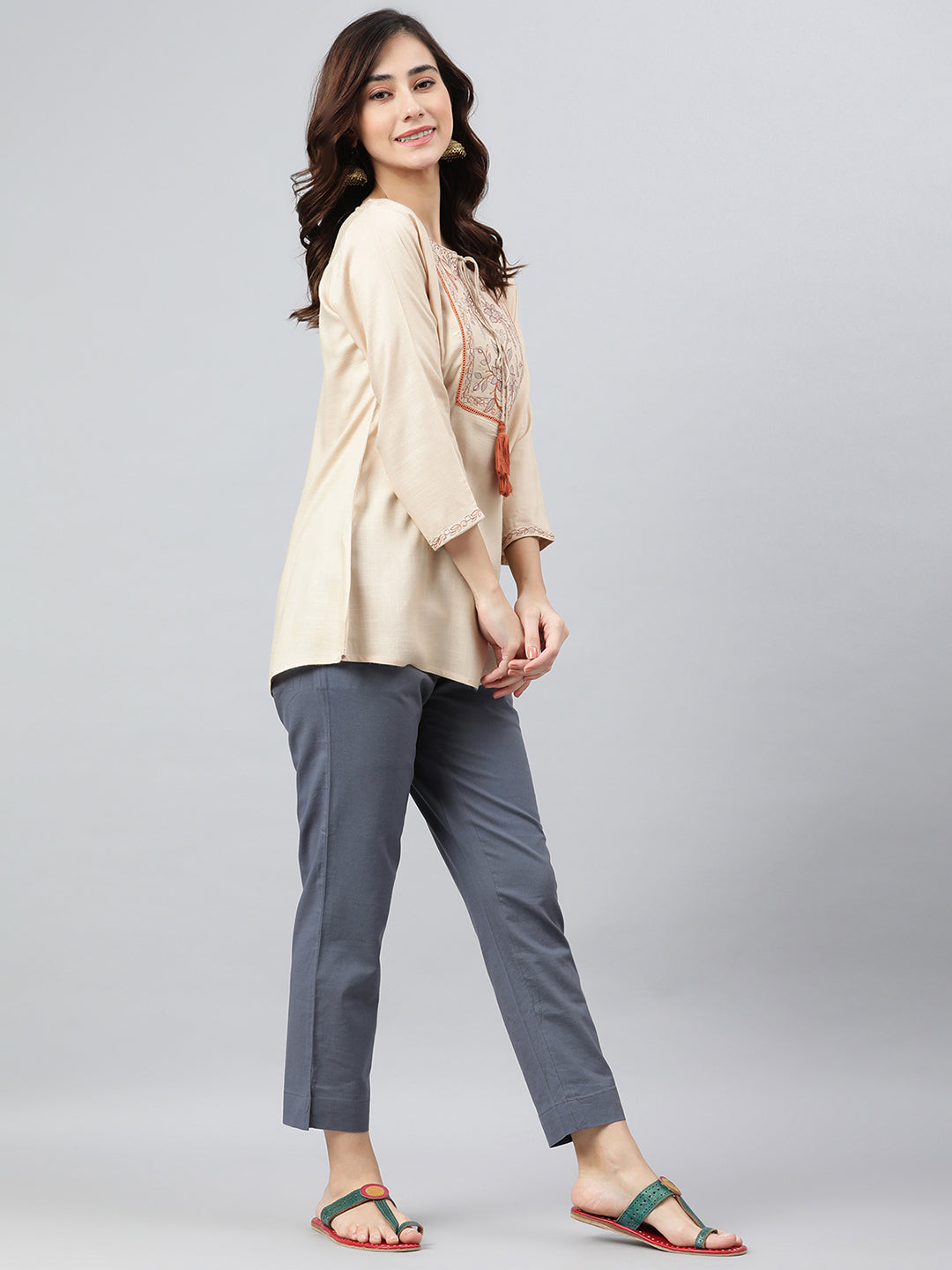 Janasya Women's Beige Rayon Slub Embroidered A-Line Top - Distacart