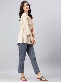 Thumbnail for Janasya Women's Beige Rayon Slub Embroidered A-Line Top - Distacart