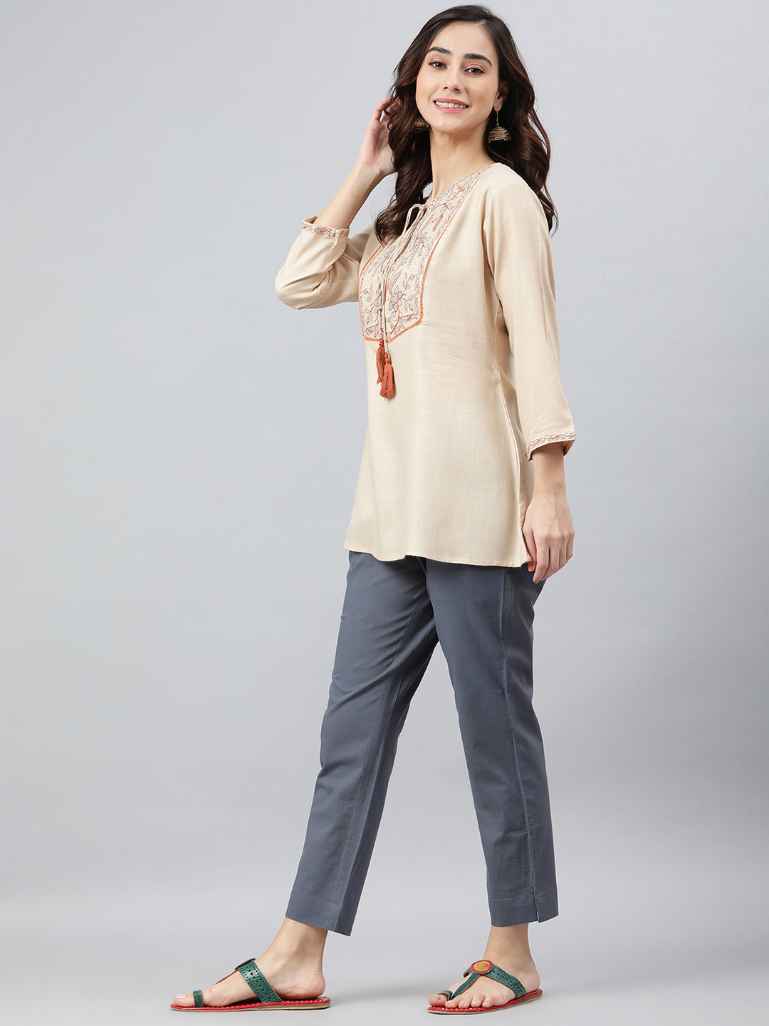 Janasya Women's Beige Rayon Slub Embroidered A-Line Top - Distacart