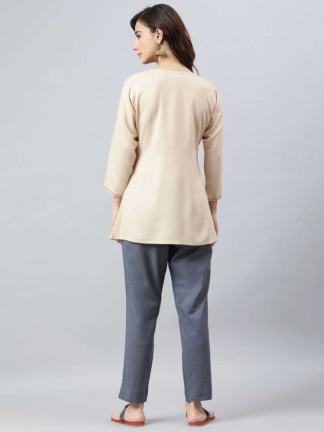 Janasya Women's Beige Rayon Slub Embroidered A-Line Top - Distacart