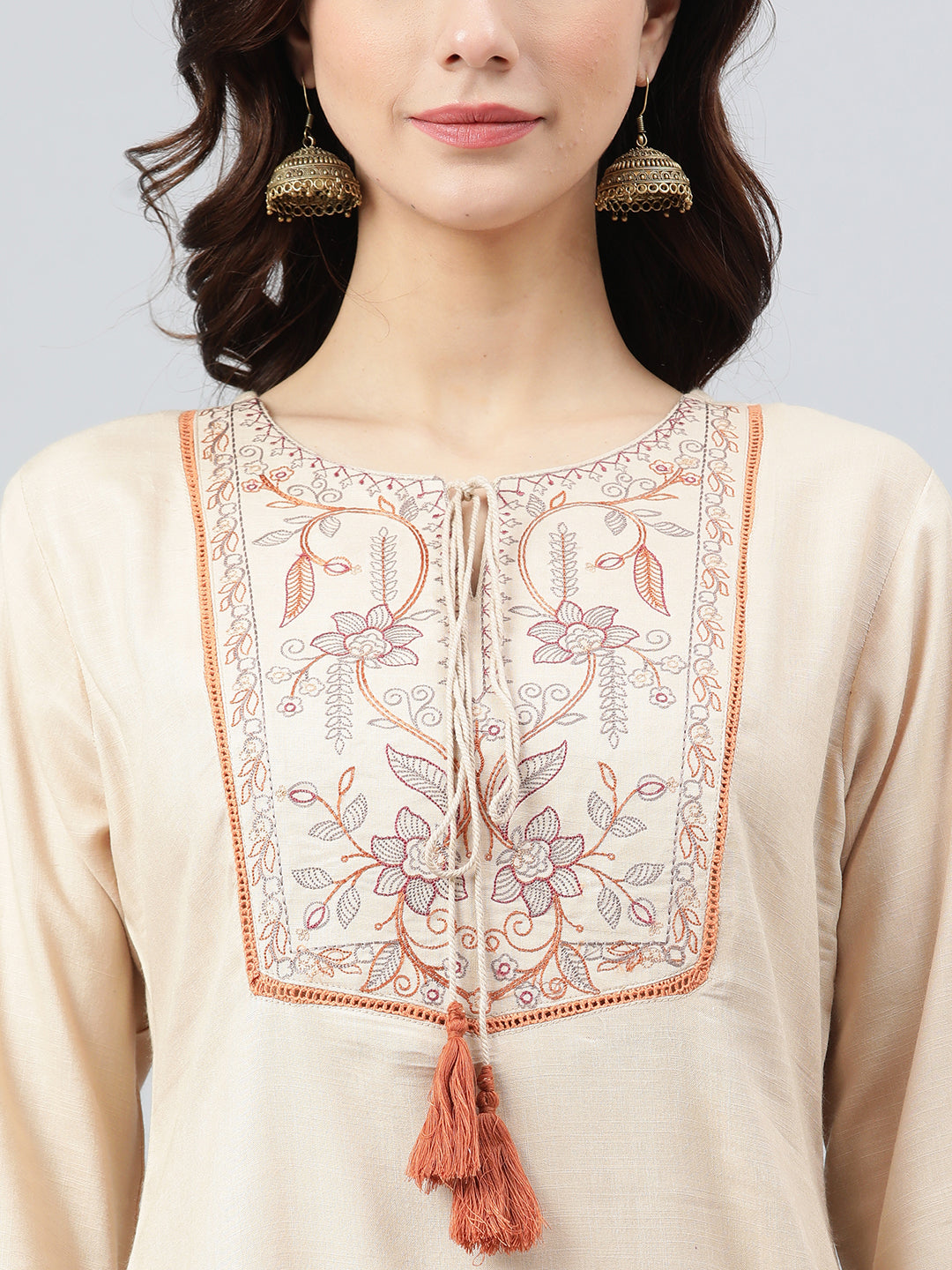 Janasya Women's Beige Rayon Slub Embroidered A-Line Top - Distacart