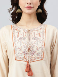 Thumbnail for Janasya Women's Beige Rayon Slub Embroidered A-Line Top - Distacart