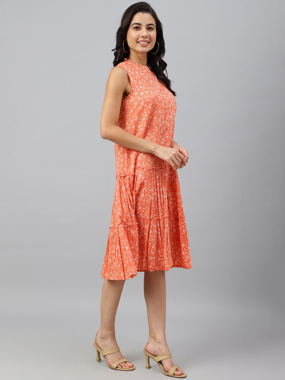 Janasya Women's Peach Cotton Floral Printed Flared Western Dress - Distacart