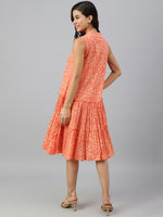Thumbnail for Janasya Women's Peach Cotton Floral Printed Flared Western Dress - Distacart