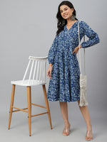 Thumbnail for Janasya Women's Navy Blue Cotton Floral Printed Angrakha Western Dress - Distacart