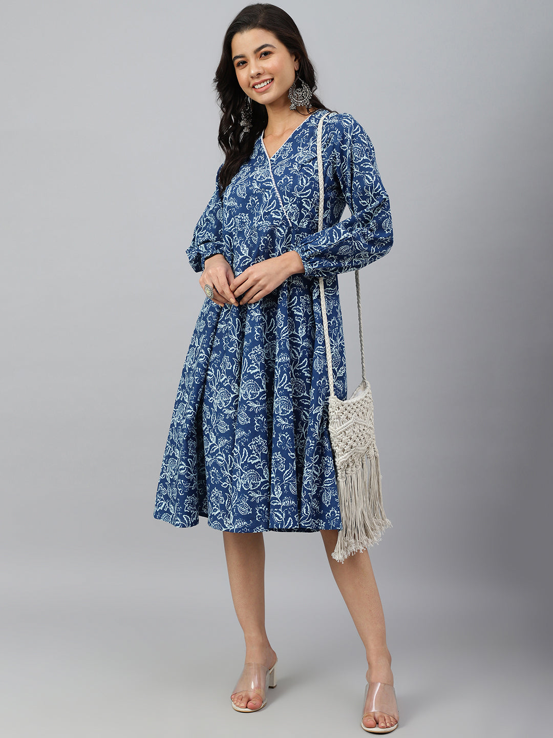 Janasya Women's Navy Blue Cotton Floral Printed Angrakha Western Dress - Distacart