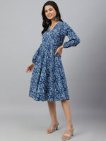Thumbnail for Janasya Women's Navy Blue Cotton Floral Printed Angrakha Western Dress - Distacart