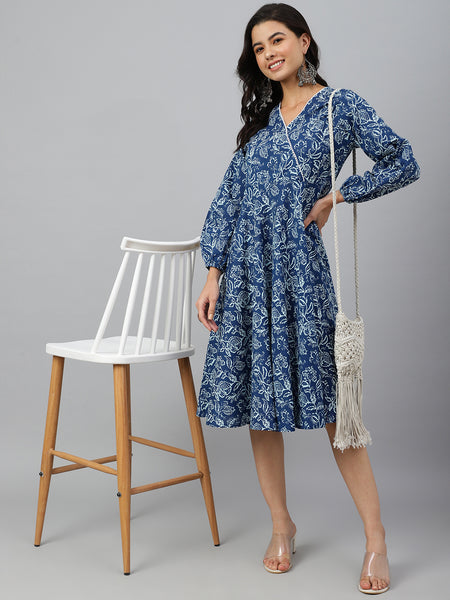Janasya Women's Navy Blue Cotton Floral Printed Angrakha Western Dress - Distacart