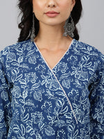 Thumbnail for Janasya Women's Navy Blue Cotton Floral Printed Angrakha Western Dress - Distacart