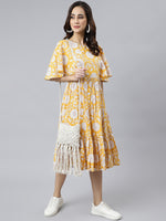Thumbnail for Janasya Women's Yellow Cotton Floral Printed Flared Western Dress - Distacart