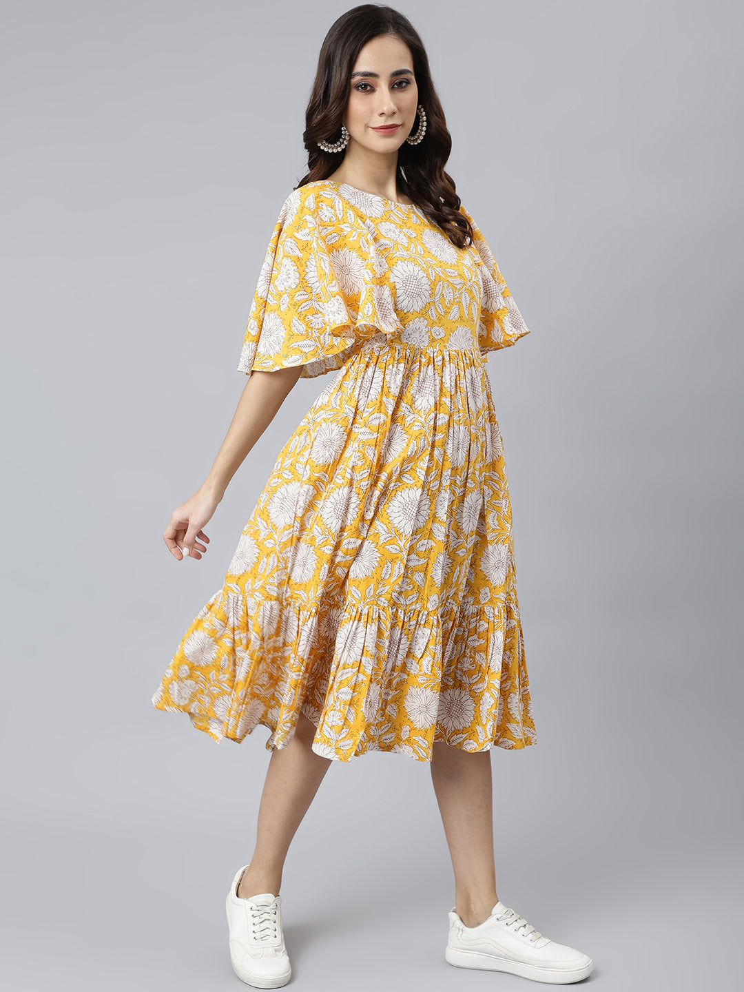 Janasya Women's Yellow Cotton Floral Printed Flared Western Dress - Distacart