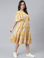 Thumbnail for Janasya Women's Yellow Cotton Floral Printed Flared Western Dress - Distacart