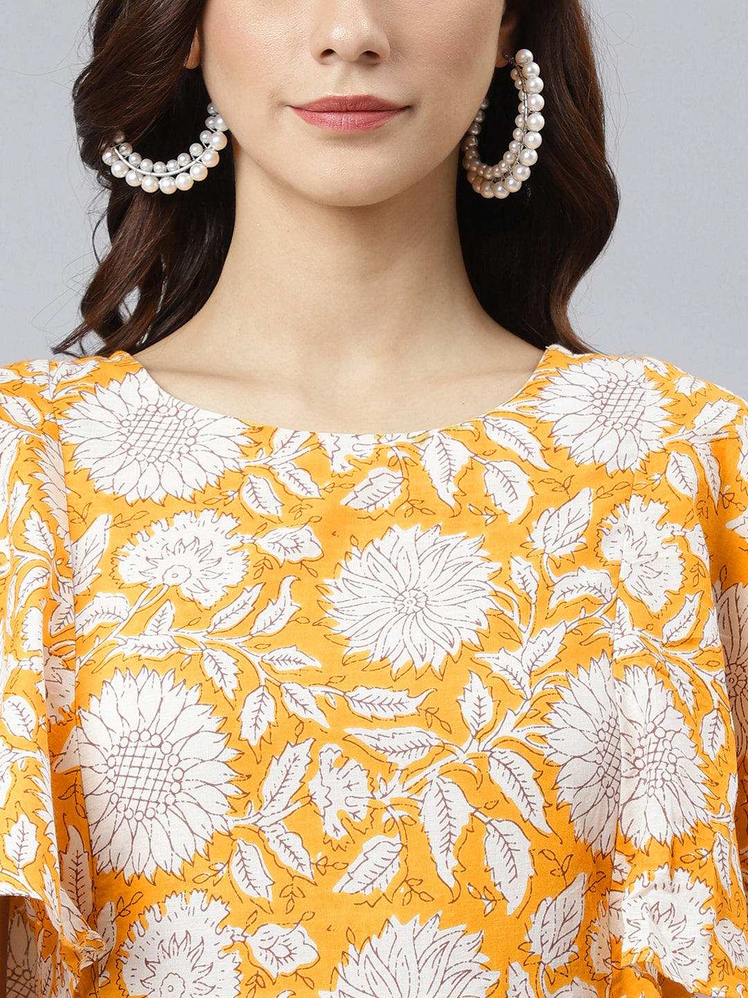 Janasya Women's Yellow Cotton Floral Printed Flared Western Dress - Distacart