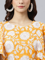 Thumbnail for Janasya Women's Yellow Cotton Floral Printed Flared Western Dress - Distacart