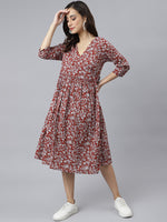 Thumbnail for Janasya Women's Maroon Cotton Floral Printed Angrakha Western Dress - Distacart