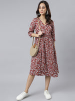 Thumbnail for Janasya Women's Maroon Cotton Floral Printed Angrakha Western Dress - Distacart