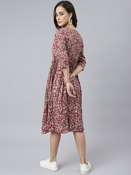 Janasya Women's Maroon Cotton Floral Printed Angrakha Western Dress - Distacart