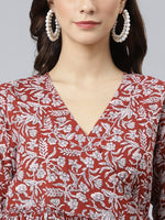 Thumbnail for Janasya Women's Maroon Cotton Floral Printed Angrakha Western Dress - Distacart