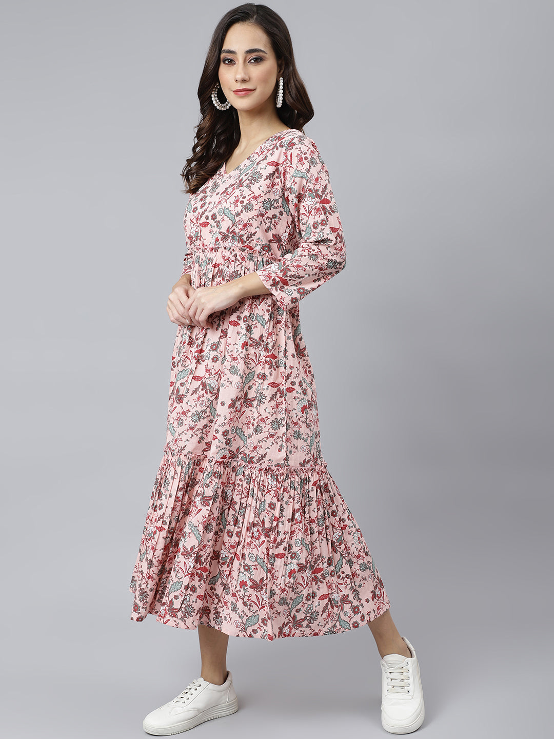 Janasya Women's Peach Cotton Floral Printed Casual Flared kurta - Distacart