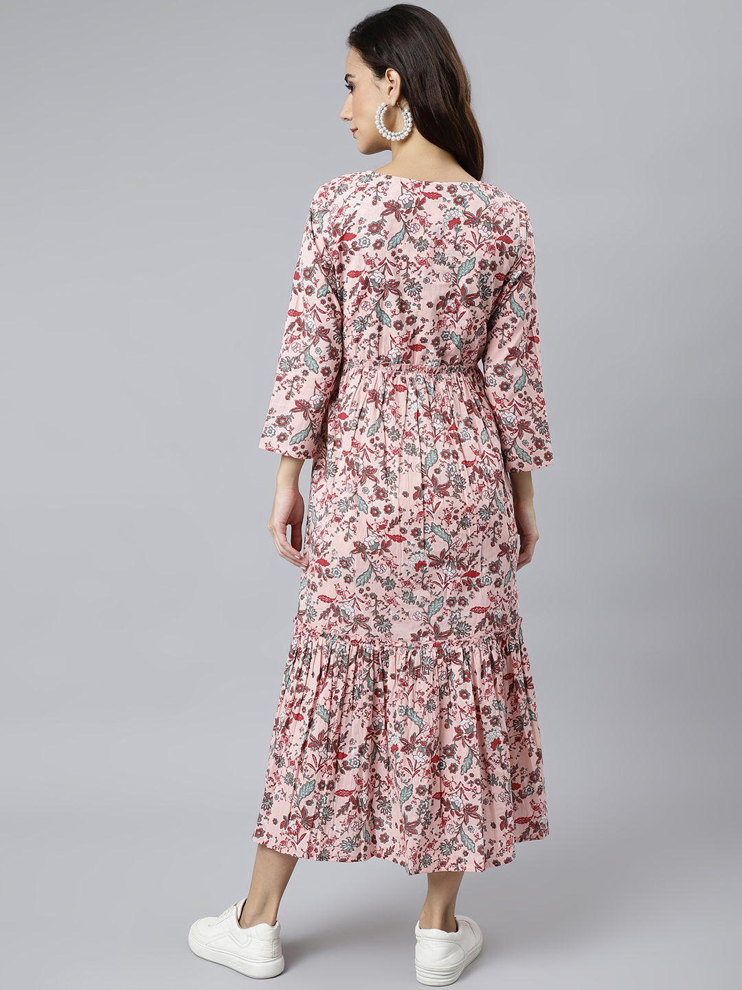 Janasya Women's Peach Cotton Floral Printed Casual Flared kurta - Distacart