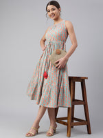 Thumbnail for Janasya Women's Mint Green Cotton Floral Printed Tiered Western Dress - Distacart